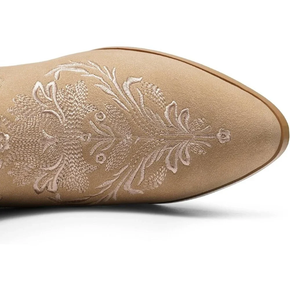 Women's Tan Classic Ankle Boots Low Block Heels Suede Chunky Fashion Booties - Picture 4 of 9